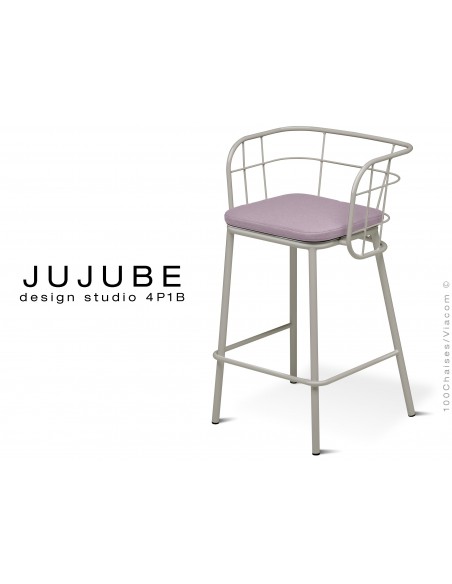 JUJUBE tabouret design structure acier peint gris clair, avec coussin d'assise couleur Glycine pour extérieur