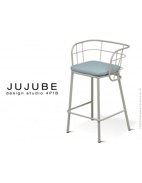 JUJUBE tabouret design structure acier peint gris clair, avec coussin d'assise couleur bleu pour extérieur