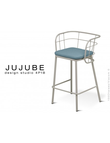 JUJUBE tabouret design structure acier peint gris clair, avec coussin d'assise couleur bleu pétrol pour extérieur