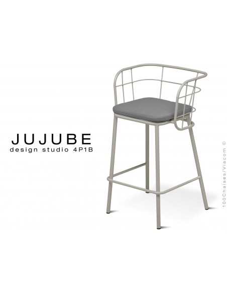 JUJUBE tabouret design structure acier peint gris clair, avec coussin d'assise couleur gris foncé pour extérieur
