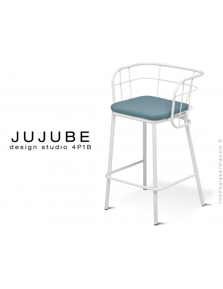 JUJUBE tabouret design structure acier peint blanc, avec coussin d'assise couleur bleu pétrol pour extérieur
