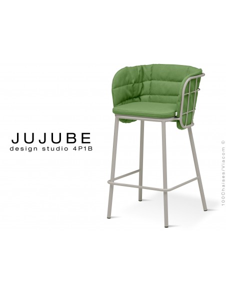 JUJUBE tabouret design structure acier peint gris, avec coussin et dossier capitonné d'assise couleur vert pour intérieur
