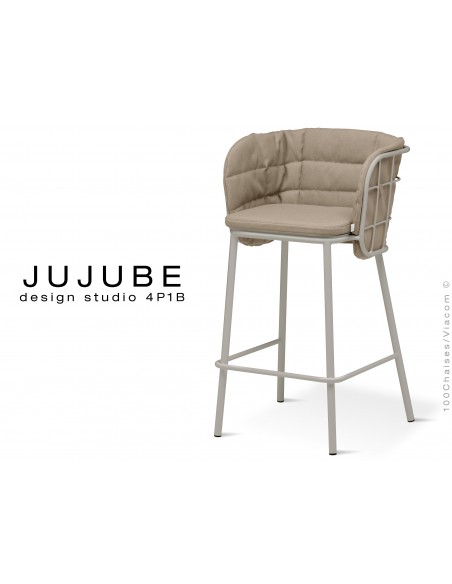 JUJUBE tabouret design structure acier peint gris, avec coussin et dossier capitonné d'assise couleur crème pour intérieur
