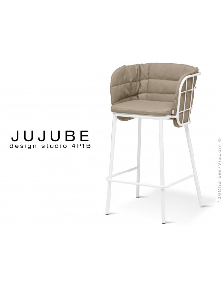 JUJUBE tabouret design structure acier peint blanc, avec coussin et dossier capitonné couleur crème pour intérieur