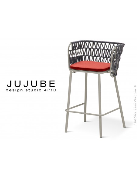 JUJUBE tabouret design structure acier peint gris, avec coussin d'assise rouge et dossier tressé pour intérieur