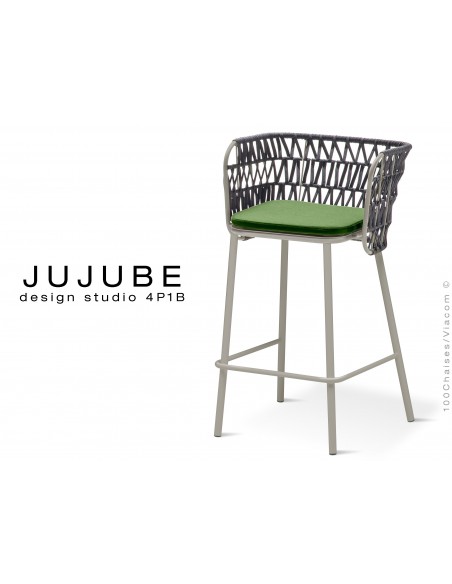 JUJUBE tabouret design structure acier peint gris, avec coussin d'assise vert et dossier tressé pour intérieur