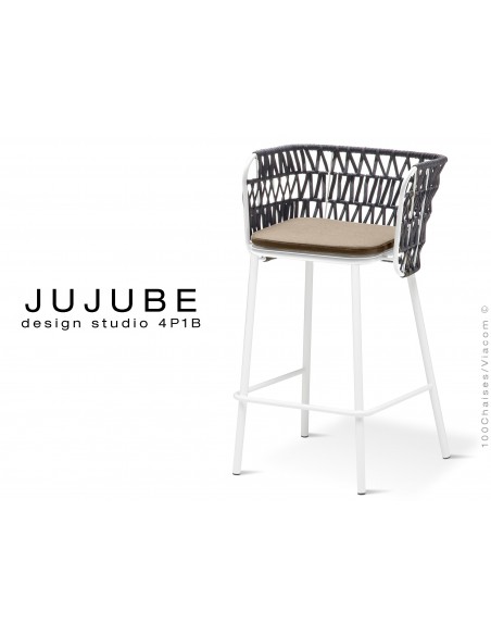 JUJUBE tabouret design structure acier peint blanc, avec coussin d'assise crème et dossier tressé pour intérieur