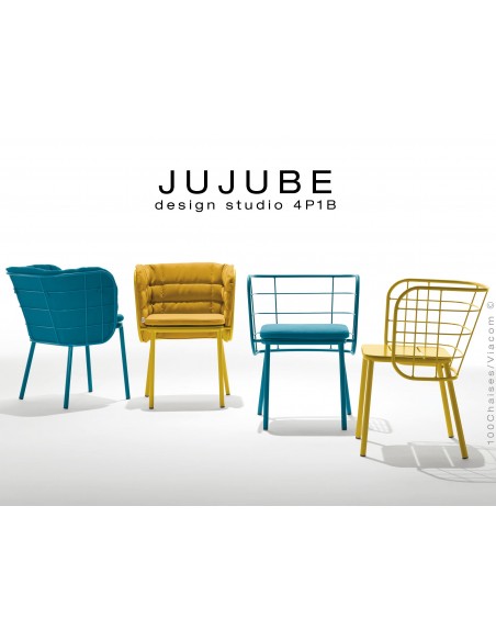 Collection JUJUBE fauteuil, tabouret, canapé design structure acier peint, avec coussin d'assise et dossier pour intérieur.