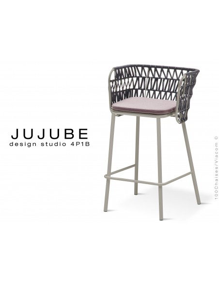 JUJUBE tabouret design structure acier peint gris, avec coussin d'assise couleur Glycine et dossier tressé pour extérieur
