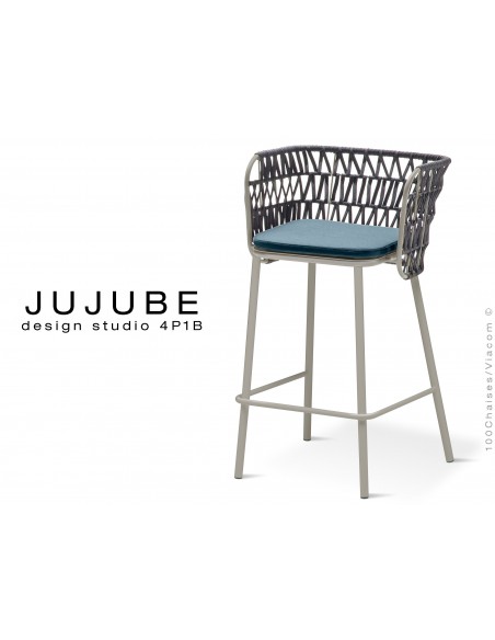 JUJUBE tabouret design structure acier peint gris, avec coussin d'assise couleur bleu pétrol et dossier tressé pour extérieur