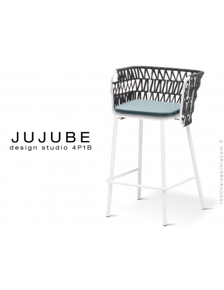 JUJUBE tabouret design structure acier peint blanc, avec coussin d'assise couleur bleu et dossier tressé pour extérieur
