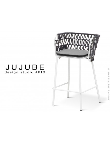 JUJUBE tabouret design structure acier peint blanc, avec coussin d'assise couleur gris foncé et dossier tressé pour extérieur