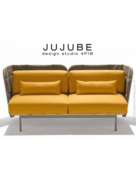 JUJUBE canapé structure acier couleur grise, dossier capitonné beige, assise tissu jaune pour intérieur