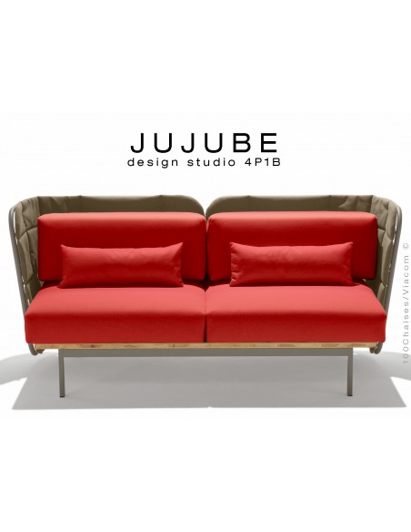 JUJUBE canapé structure acier couleur grise, dossier capitonné beige, assise tissu rouge pour intérieur