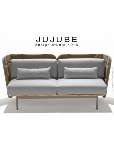JUJUBE canapé structure acier couleur grise, dossier capitonné beige, assise tissu gris pour intérieur
