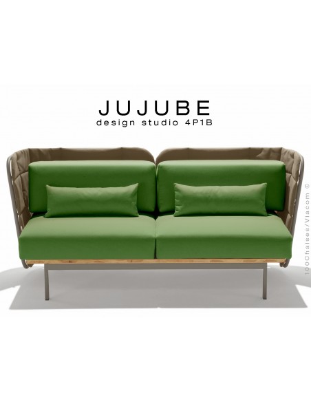 JUJUBE canapé structure acier couleur grise, dossier capitonné beige, assise tissu vert pour intérieur