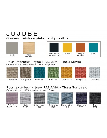 JUJUBE canapé gamme couleur standard et option sur commande avec quantité minimum.