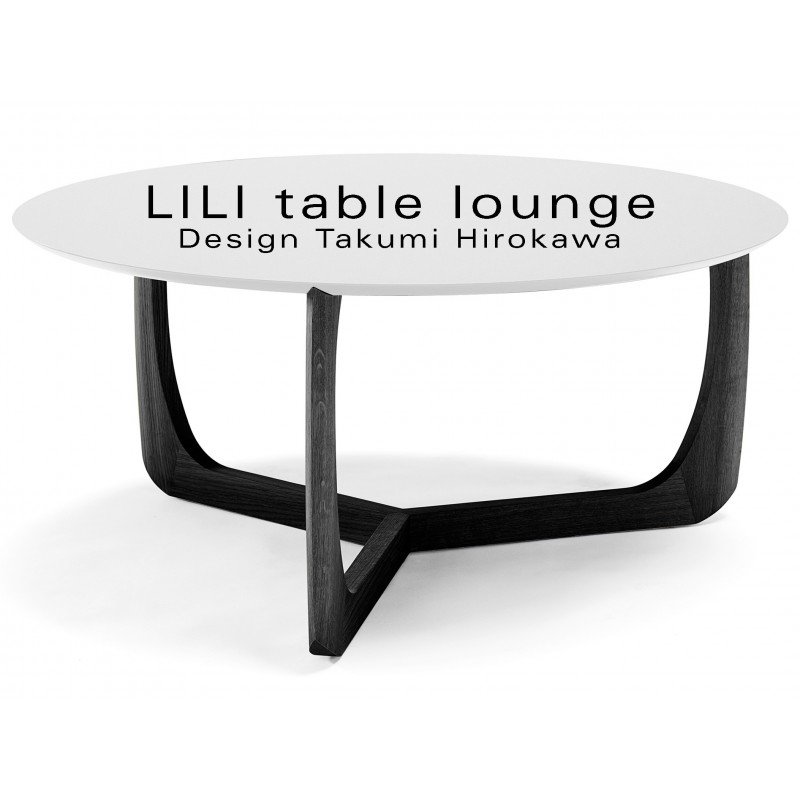 LILI table basse lounge ronde piétement chêne teinté noir, plateau blanc