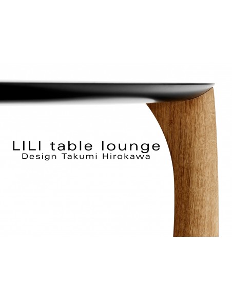 LILI table basse lounge ronde piétement chêne massif huilé, plateau noir