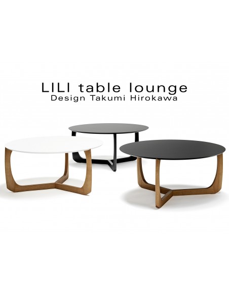 Collection table basse lounge LILI plateau rond piétement chêne huilé ou teinté noir. massif
