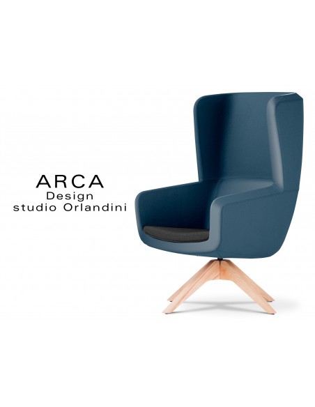 Fauteuil ARCA pour les espaces d'accueil et lounge habillage cuir bleu nuit 582 avec assise cuir noire 520