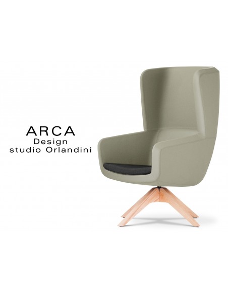 Fauteuil ARCA pour les espaces d'accueil et lounge habillage cuir gris tourterelle 585, assise cuir noire 520