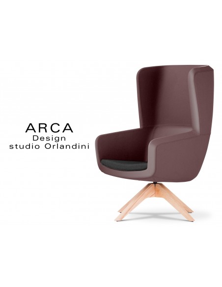 Fauteuil ARCA pour les espaces d'accueil et lounge habillage cuir marron 506, assise cuir noire 520