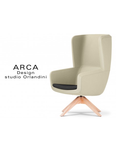 Fauteuil ARCA pour les espaces d'accueil et lounge habillage cuir sable 587, assise cuir noire 520