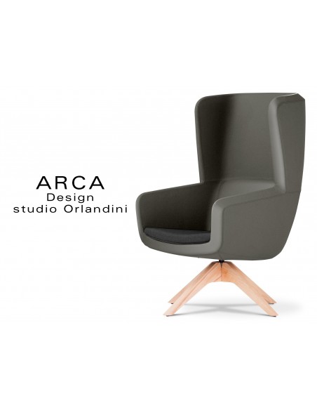 Fauteuil ARCA pour les espaces d'accueil et lounge habillage cuir taupe 580, assise cuir noire 520