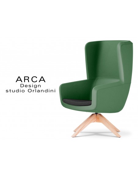 Fauteuil ARCA pour les espaces d'accueil et lounge habillage cuir vert 584, assise cuir noire 520