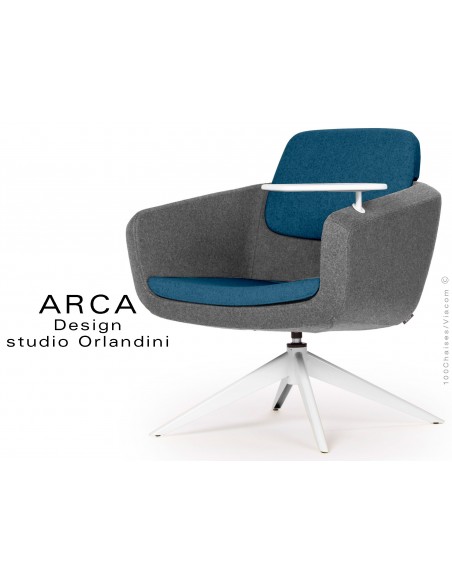 Fauteuil ARCA habillage 100% laine - bleu Newcastle - piétement peint blanc.