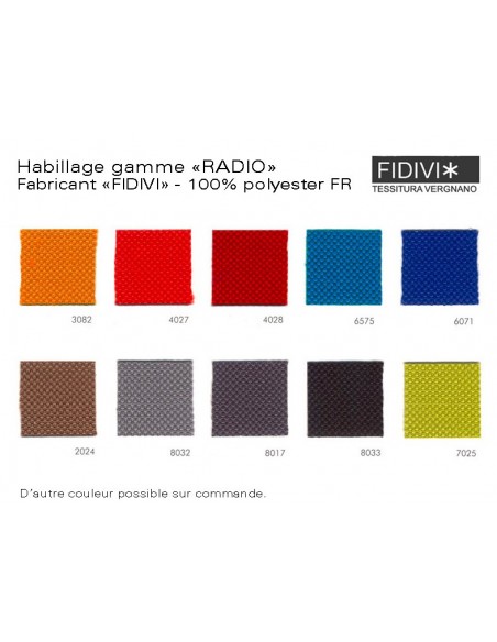 Fauteuil ARCA habillage 100% polyester tissu "Radio" couleur au choix.