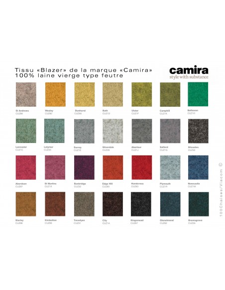 Fauteuil ARCA gamme couleur disponible, habillage 100% laine tissu "Blazer" du fabriacant "Carima" au choix.