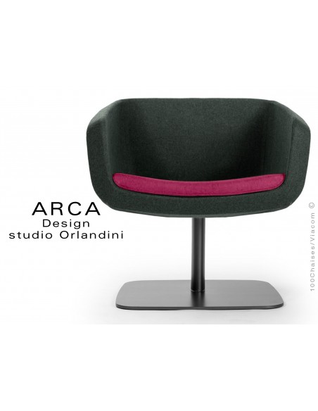Fauteuil ARCA habillage tissu "Blazer" 100% laine de couleur noir, coussin d'assise couleur rose St-Martins