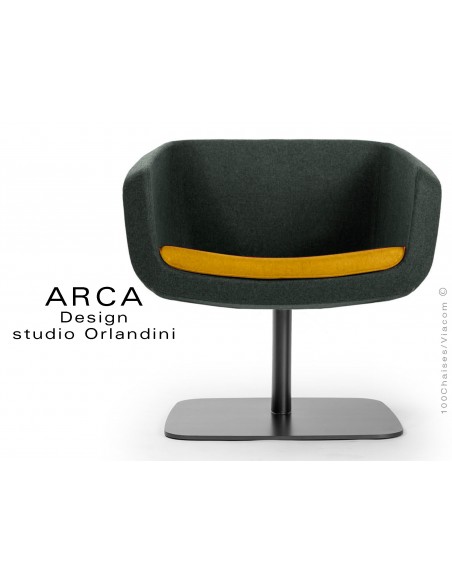 Fauteuil ARCA habillage tissu "Blazer" 100% laine de couleur noir, coussin d'assise couleur orange Wesley