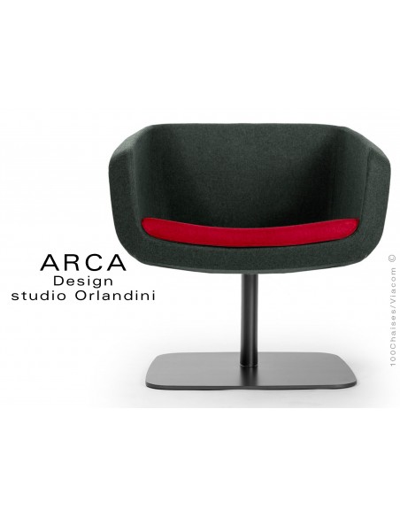 Fauteuil ARCA habillage tissu "Blazer" 100% laine de couleur noir, coussin d'assise couleur rouge handcross