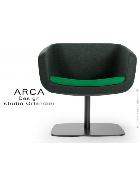 Fauteuil ARCA habillage tissu "Blazer" 100% laine de couleur noir, coussin d'assise couleur vert Belhaven