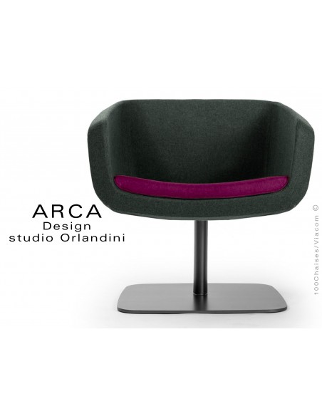 Fauteuil ARCA habillage tissu "Blazer" 100% laine de couleur noir, coussin d'assise couleur violet Banbridge