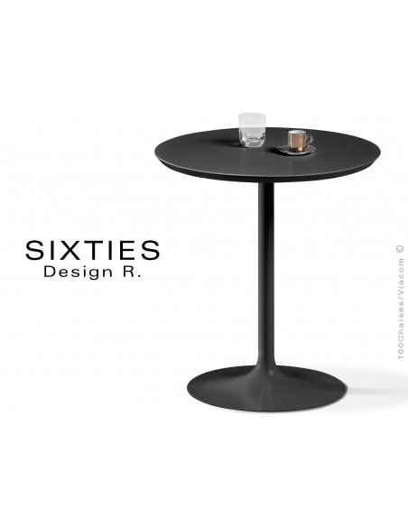 SIXTIES petite table ronde design pied trompette central, couleur noire.
