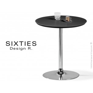 SIXTIES petite table ronde design pied trompette central chromé, plateau noir.