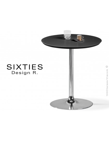 SIXTIES petite table ronde design pied trompette central chromé, plateau noir.