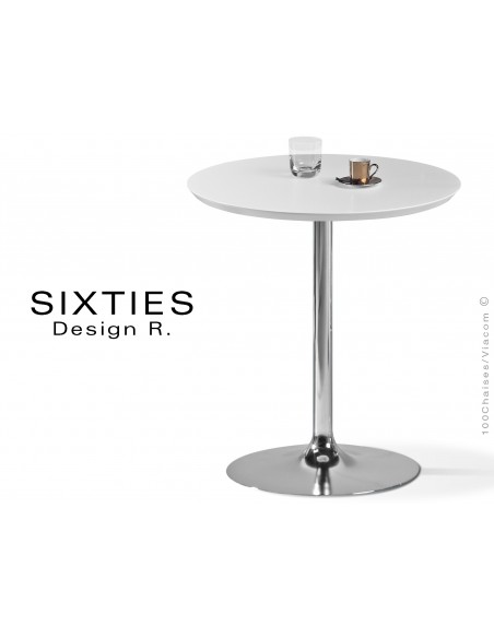 SIXTIES petite table ronde design pied trompette central chromé, plateau blanc.