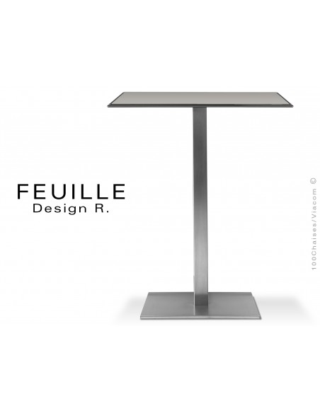 Table carrée FEUILLE plateau compact avec lamelle d'aluminium couleur gris, pied inox