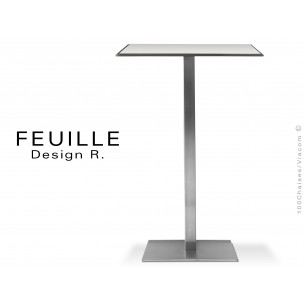 Mange-debout carrée FEUILLE plateau compact avec lamelle d'aluminium couleur blanc, pied inox