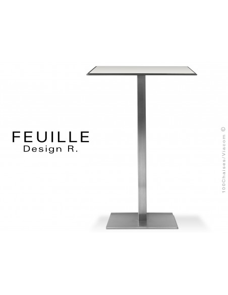 Mange-debout carrée FEUILLE plateau compact avec lamelle d'aluminium couleur blanc, pied inox