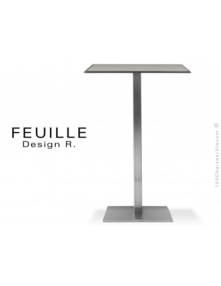 Mange-debout carrée FEUILLE plateau compact avec lamelle d'aluminium couleur gris, pied inox