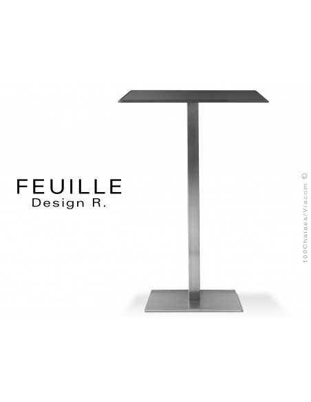 Mange-debout carrée FEUILLE plateau compact avec lamelle d'aluminium couleur noir, pied inox