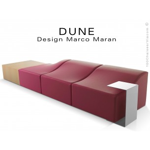 Banquette modulable DUNE assise cuir synthétique prune 317, structure bois hêtre naturel.