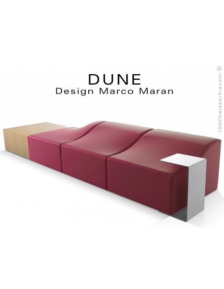 Banquette modulable DUNE assise cuir synthétique prune 317, structure bois hêtre naturel.