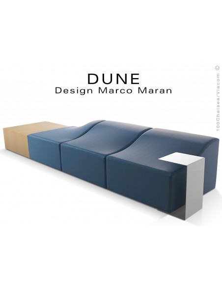 Banquette modulable DUNE assise cuir synthétique couleur bleu marine 319, structure bois